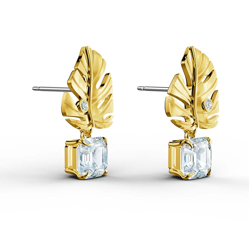 Swarovski Tropical Leaf İğneli Küpeler, Beyaz, Altın rengi kaplama - 5519253