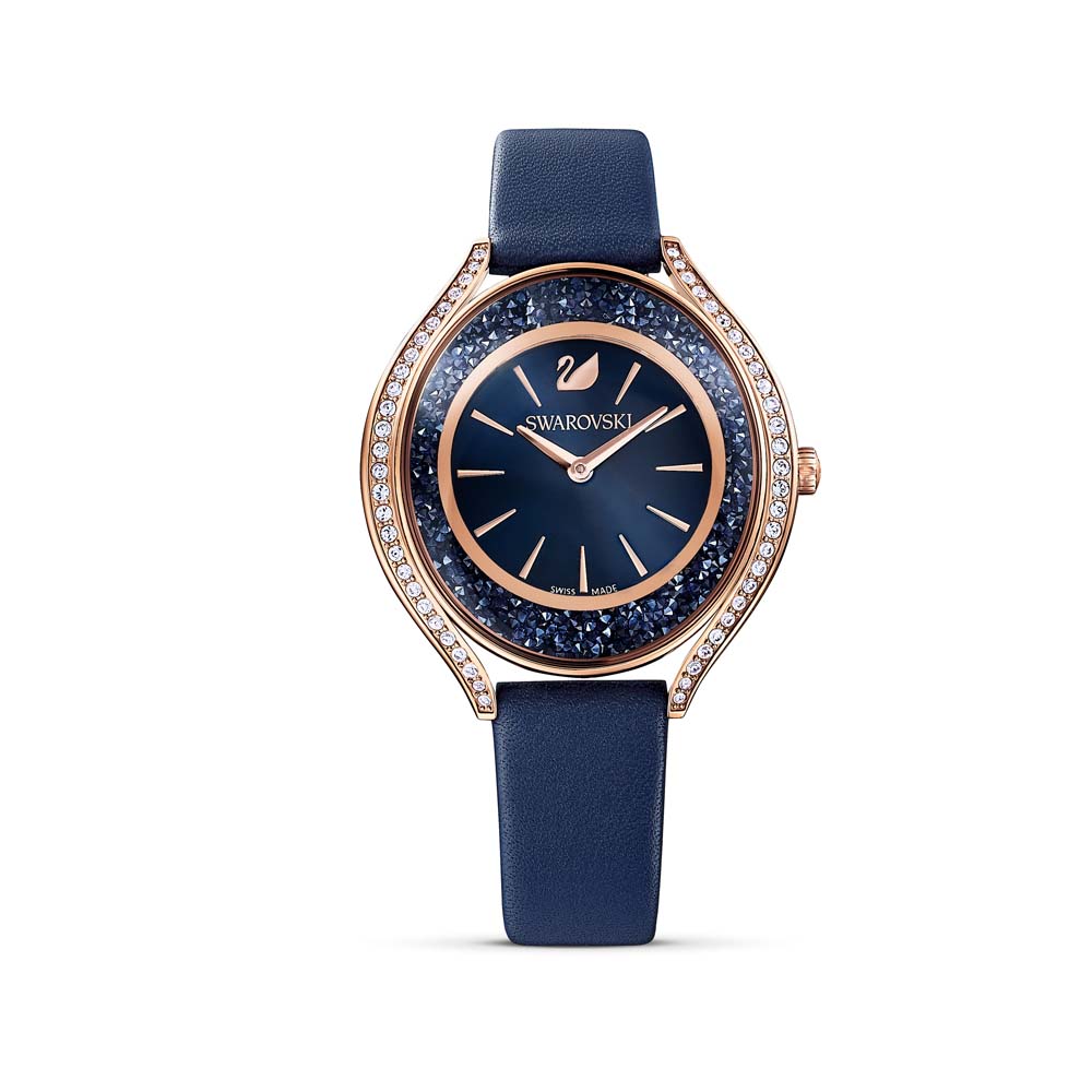 Swarovski Crystalline Aura Saat, Deri kayış, Mavi, Pembe altın rengi PVD - 5519447